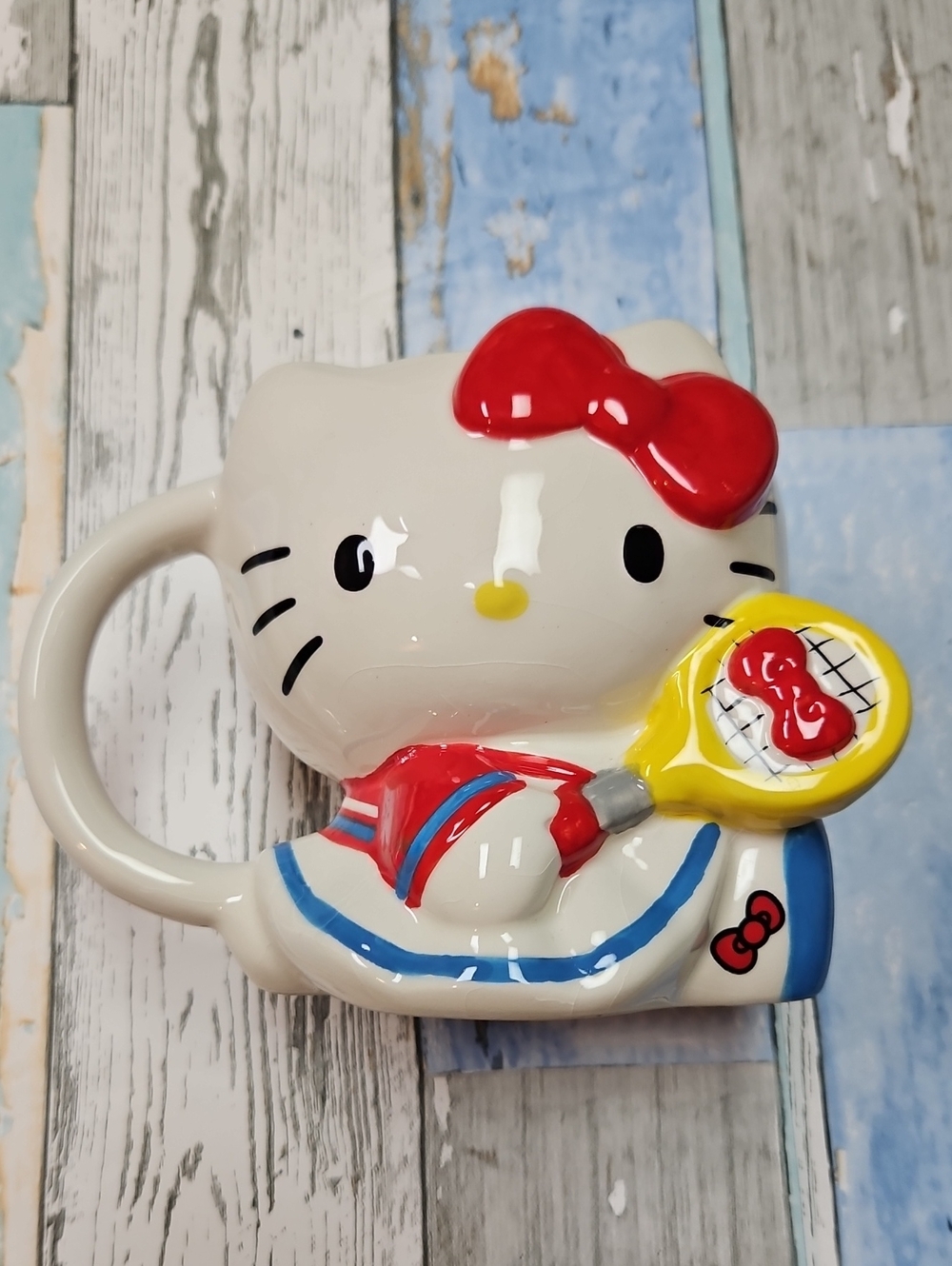 Hello Kitty Ceramic Mug By SANRIO with Red Bow and Yellow Tennis Racket 16oz